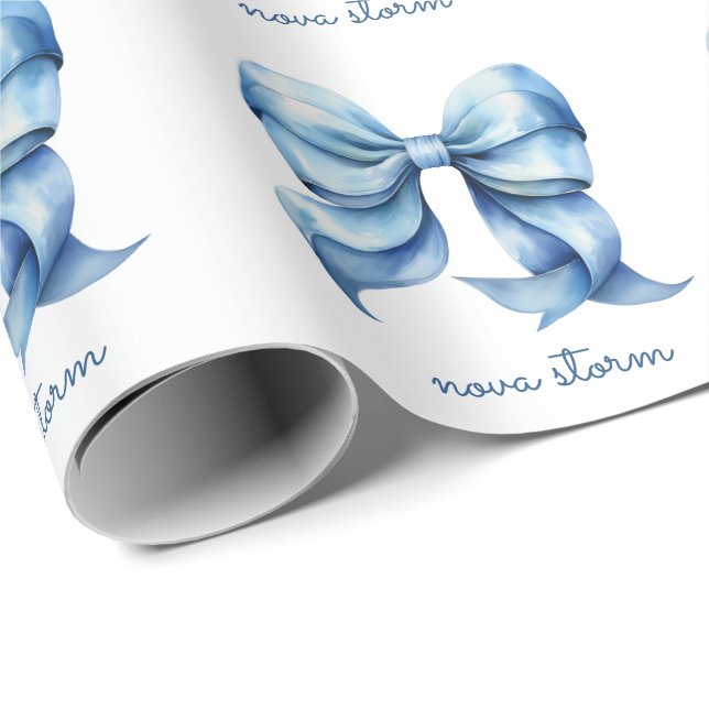 Papel De Presente Laço Azul Moderno Personalizado Com Nome Monograma (Ponta do rolo)
