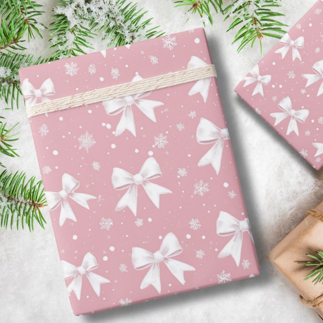 Papel De Presente Laço de Coquete Rosa Floco de Neve Natal (Criador carregado)