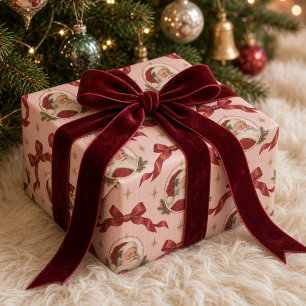 Papel De Presente Laço de fita de medalhão do Papai Noel rosa vintag