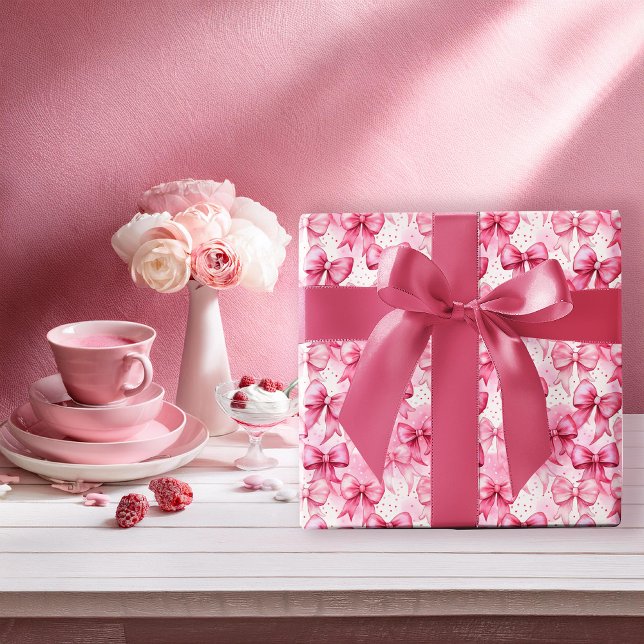 Papel De Presente Laços Coquetes Rosa Elegantes e Caprichosos (Elegant and Whimsical Pink Coquette Bows and Ribbons with Pink Polka Dots Wrapping Paper)
