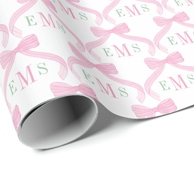 Papel De Presente Laços de Monograma Rosa e Verde Bebê Menina (Ponta do rolo)