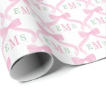 Papel De Presente Laços de Monograma Rosa e Verde Preppy Menina<br><div class="desc">Este encantador design de papel de presente apresenta um laço de aquarela rosa pintado à mão com monograma de 3 letras em rosa e verde para você personalizar com as iniciais do sortudo destinatário.</div>