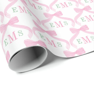 Papel De Presente Laços de Monograma Rosa e Verde Preppy Menina