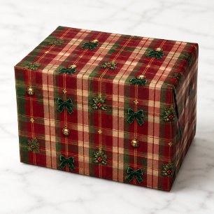 Papel De Presente Laços de Natal em Xadrez Clássico Vermelho e Verde