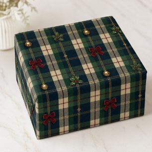Papel De Presente Laços de Natal em Xadrez Verde Marinho Heritage co