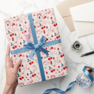 Papel De Presente Laços e Estrelas de Cereja Doce Design Estético