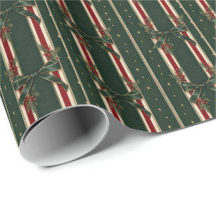 Papel De Presente Laços Listrados Vermelhos e Verdes Elegantes de Fe