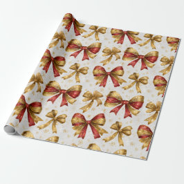 Papel De Presente Laços Vermelhos de Natal em Dourado