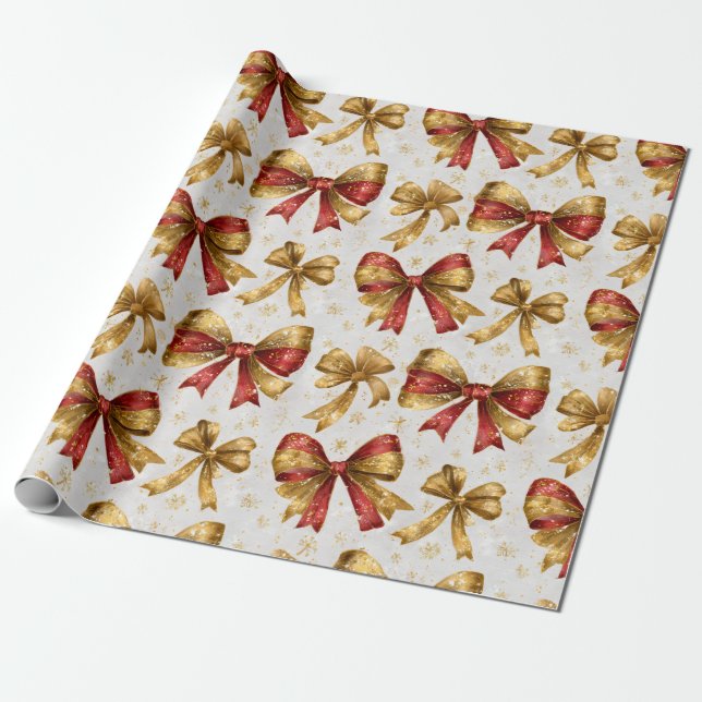 Papel De Presente Laços Vermelhos de Natal em Dourado (Desenrolado)