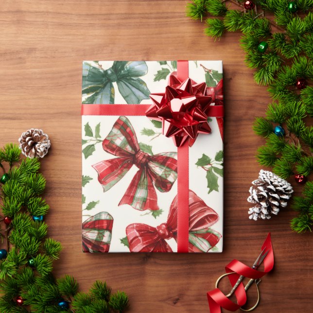 Papel De Presente Laços Xadrez Retro Vermelho Verde Natal (Presente de Natal)