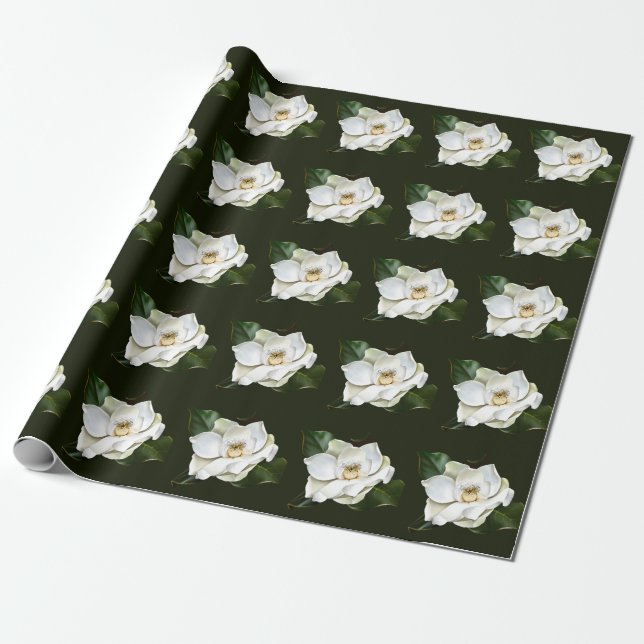 Papel De Presente Lado a fundo verde da Magnolia Branca (Desenrolado)