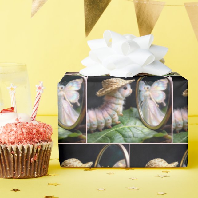 Papel De Presente Lagarta Fofa Olhando para uma Borboleta Fada (Festa de aniversário)