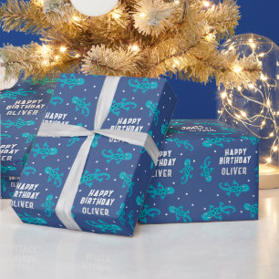 Papel De Presente Lagarto Gecko Azul Fofo Criança Feliz Aniversário