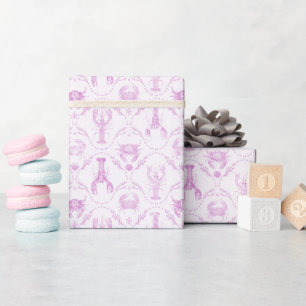Papel De Presente Lagosta e Caranguejos Rosa Claro Préppy