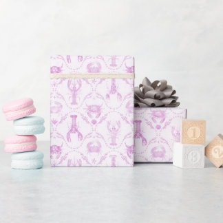 Papel De Presente Lagosta e Caranguejos Rosa Claro Préppy