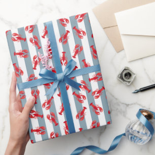 Papel De Presente Lagostas Vermelhas Ilustradas em Listra Azul-Cinza