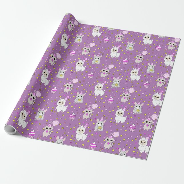 Papel De Presente Lama, Gatinho e Cupcake Roxo da Menina (Desenrolado)
