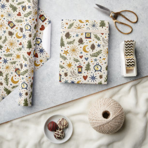 Papel De Presente Lâmpada de Floresta no Inverno Padrão Folclórico