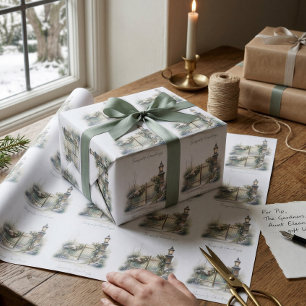 Papel De Presente Lâmpada de pinheiro de inverno de neve Aquarela Na