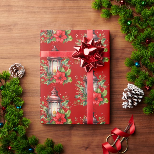 Papel De Presente Lanterna de Natal Vermelho Poinsettia e Pinheiros (Presente de Natal)