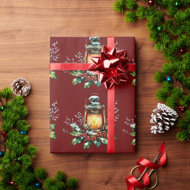 Papel De Presente Lanterna Festiva Aninhada em Azevinho – Brilho Saz (Presente de Natal)