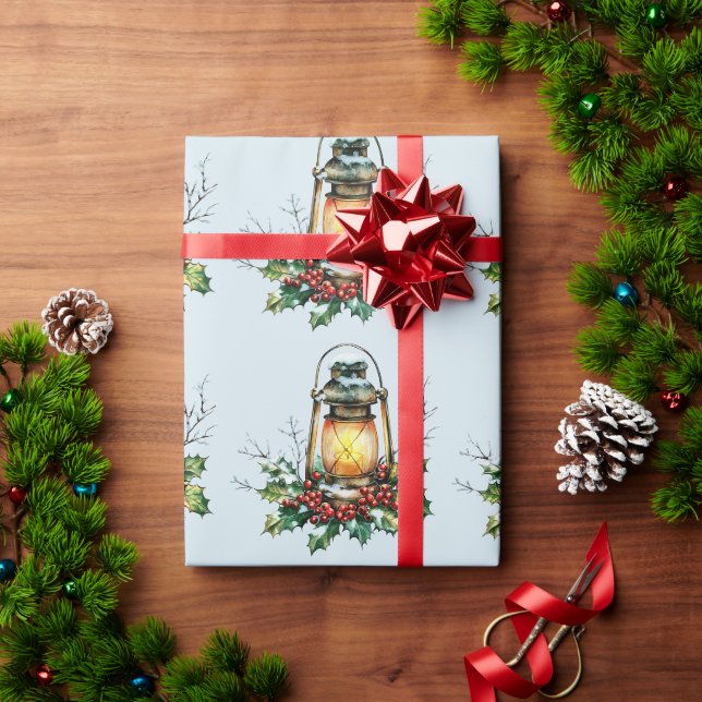 Papel De Presente Lanterna Festiva Aninhada em Azevinho – Brilho Saz (Presente de Natal)