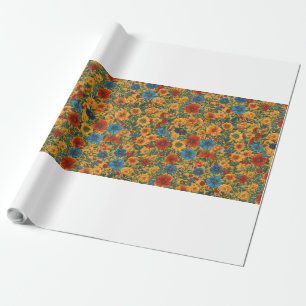 Papel De Presente Laranja, Amarelo, Azul e design floral Verde.