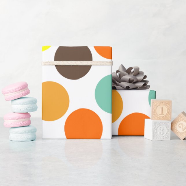 Papel De Presente Laranja, Amarelo, Marrom, Pontos Azuis (Chá de bebê)