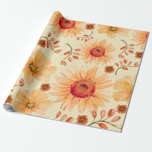 Papel De Presente Laranja Amarelo Terracotta Watercolor Floral
