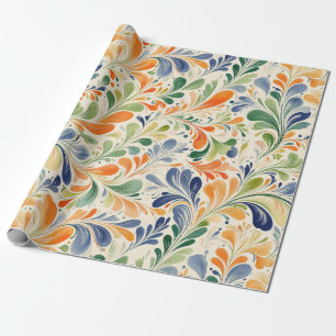 Papel De Presente Laranja Azul Verde Floral Paisley Vintage