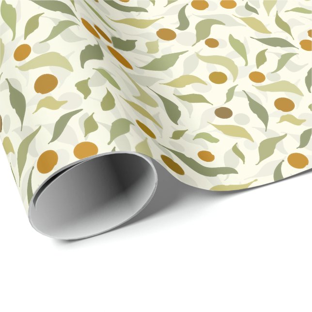 Papel De Presente Laranja Berries e Folhas no creme - padrão. (Ponta do rolo)