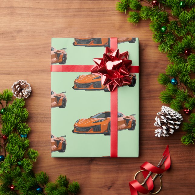 Papel De Presente Laranja C8 Corvette Sports Car Desenhado (Presente de Natal)
