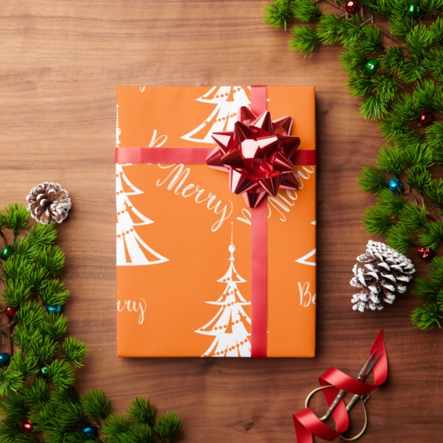 Papel De Presente Laranja Contemporâneo e Natal Branco (Criador carregado)