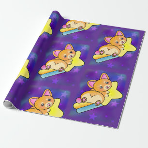 Papel De Presente Laranja Corgi com estrelas brilhantes do arco-íris