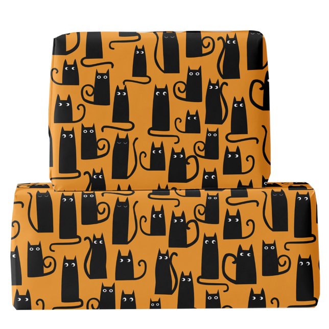 Papel De Presente Laranja de Gato Preto do Dia das Bruxas (Fun Halloween black cat orange pattern gift wrapping paper roll)