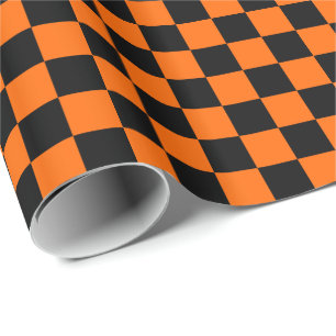 Papel De Presente Laranja de Halloween e Xadrez Preto