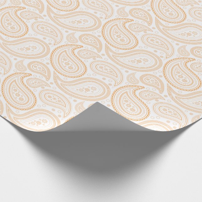 Papel De Presente Laranja de Paisley no papel de envolvimento branco (Ponta)