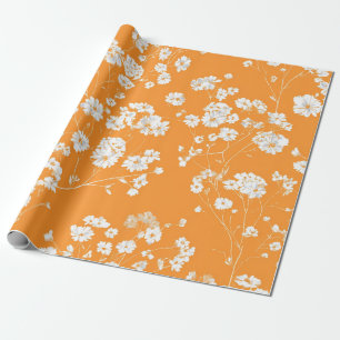 Papel De Presente Laranja Flor Ditsy Branco Pastel Boho Vintage 70s
