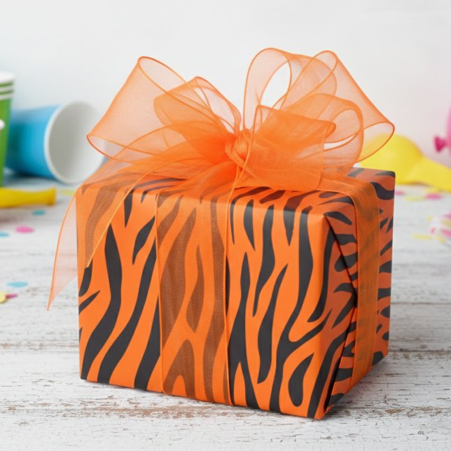 Papel De Presente Laranja Fluorescente Pequeno Estampa de Zebra (Fun Fluorescent Orange Wrapping Paper for Cool 80's Kids Party. Modern Zebra Animal Print Gift Wrap)
