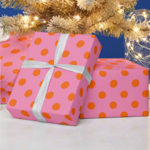 Papel De Presente Laranja no Design de padrão Bolinhas cor-de-rosa