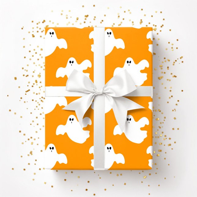 Papel De Presente Laranja-Padrão Fantasma do Dia das Bruxas (Cute Halloween Ghost Patter Orange Wrapping Paper)