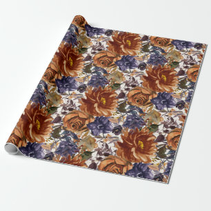 Papel De Presente Laranja Queimada Azul Marinho Floral Outono Elegan