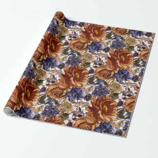 Papel De Presente Laranja Queimada Azul Marinho Floral Outono Elegan
