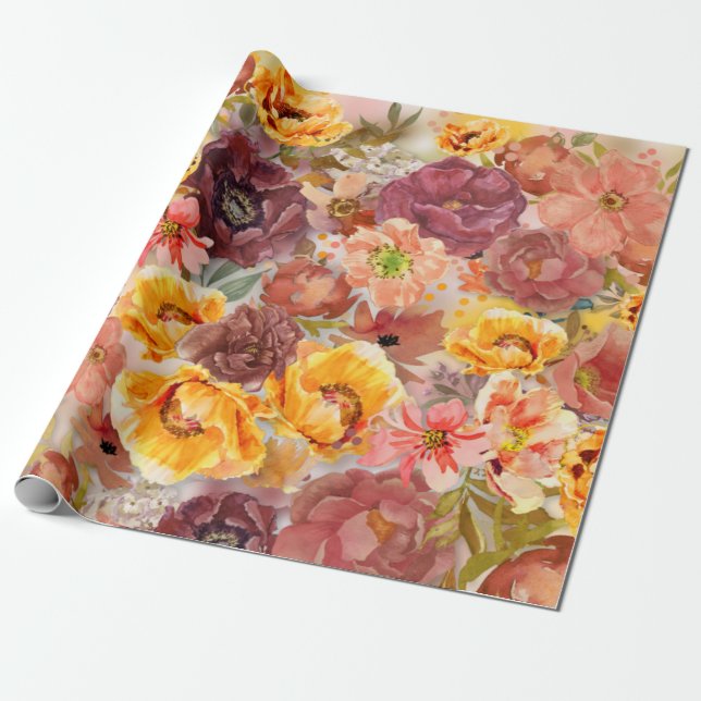 Papel De Presente Laranja Queimada Elegante Molho Floral de Aquarela (Desenrolado)