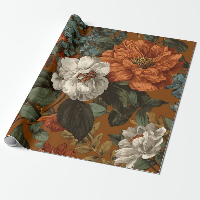 Papel De Presente Laranja Queimado Rústico Verde Botânico Floral Ous (Desenrolado)