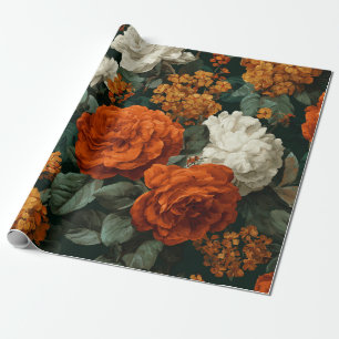 Papel De Presente Laranja Queimado Rústico Verde Botânico Floral Ous