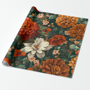Papel De Presente Laranja Queimado Rústico Verde Botânico Floral Ous