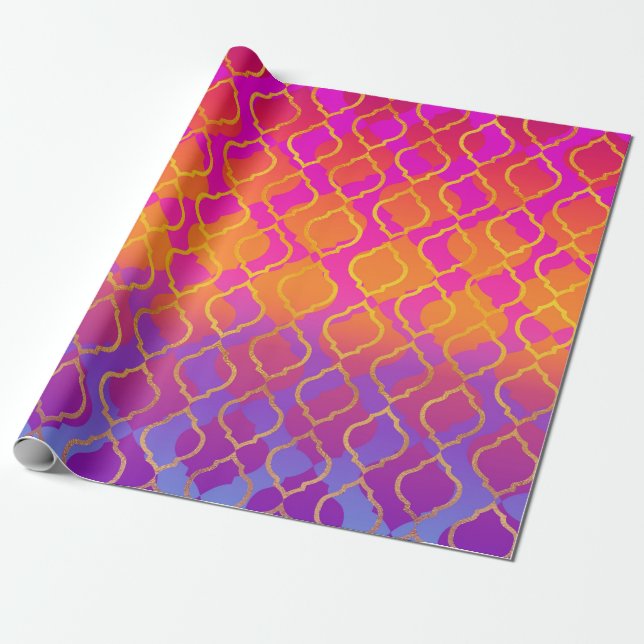 Papel De Presente Laranja Roxo Fucsina Quatrofoliado Brilhante Ousad (Desenrolado)