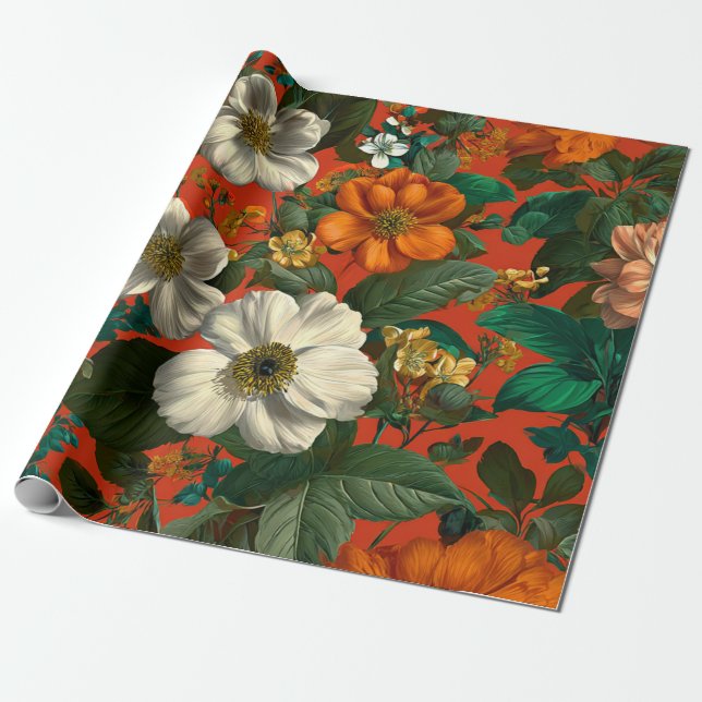 Papel De Presente Laranja Rústico Verde Botânico Floral Ousado Vinta (Desenrolado)
