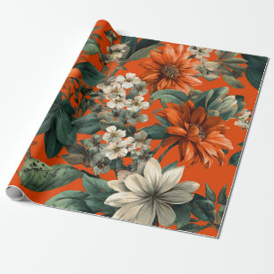 Papel De Presente Laranja Rústico Verde Botânico Floral Ousado Vinta